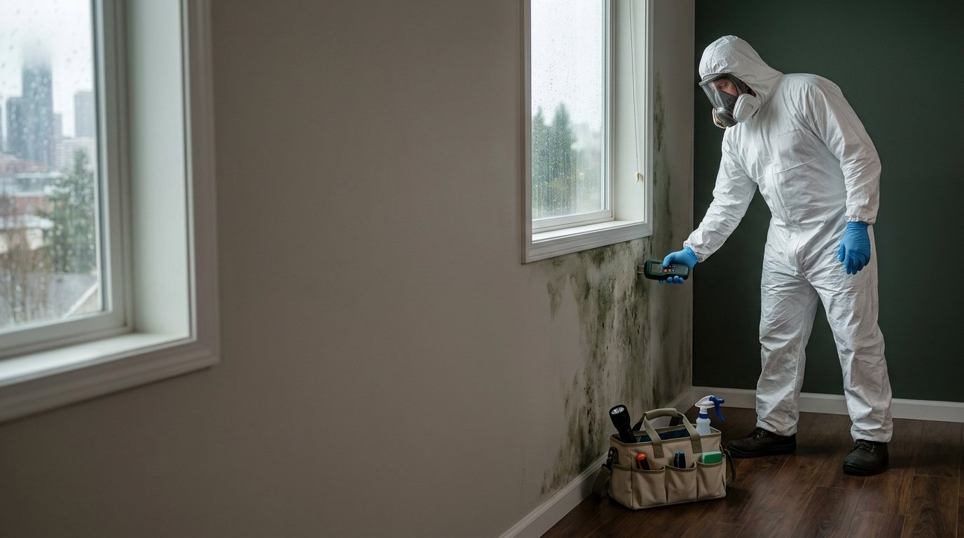 Technician examining a mold-affected interior wall